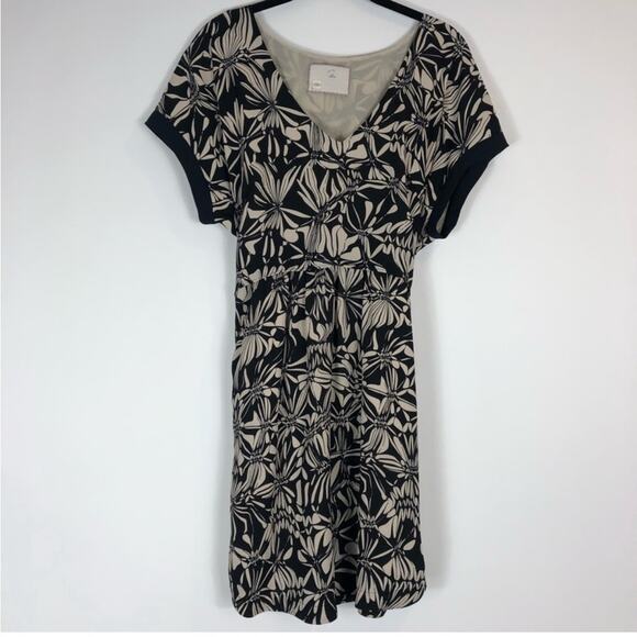 Anthropologie postage stamp dragonfly black and beige printed sonata dress - Picture 2 of 7